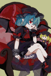 Rule 34 | 1girl, absurdres, ascot, black footwear, black hat, black shirt, black skirt, blue hair, brown background, chair, commentary request, crossed legs, doll, fang, flandre scarlet, hat, hat ribbon, highres, kutabiretainu, looking at viewer, mob cap, open mouth, pointy ears, red ascot, red eyes, red ribbon, remilia scarlet, remilia scarlet (tiny devil mistress), ribbon, shirt, short hair, simple background, sitting, skirt, solo, touhou, touhou lostword, twitter username, wrist cuffs