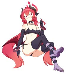 Rule 34 | 1girl, :3, absurdres, ahoge, arm at side, bare shoulders, black bra, black gloves, black horns, black panties, black ribbon, black thighhighs, blue archive, blush, boots, bra, bracelet, breasts, cleavage, closed mouth, collar, collarbone, cosplay, demon horns, demon wings, disgaea, elbow gloves, etna (disgaea), etna (disgaea) (cosplay), female focus, flowers-imh, full body, gloves, hair between eyes, hair ribbon, half-closed eyes, halo, hand up, happy, highres, horn ornament, horns, index finger raised, invisible chair, jewelry, junko (blue archive), leg up, legs, long hair, looking to the side, low wings, panties, pink eyes, playing with own hair, pointy ears, purple footwear, red hair, red wings, ribbon, side-tie panties, sidelocks, simple background, sitting, slit pupils, small breasts, smile, solo, spaghetti strap, thighhighs, thighs, twintails, underwear, underwear only, very long hair, white background, wings