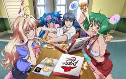 Rule 34 | 00s, 1boy, 3girls, :q, ahoge, blonde hair, blue eyes, blue hair, blush, child, eating, food, green hair, halterneck, halterneck, highres, klan klein, kneeling, macross, macross frontier, meltrandi, multiple girls, musical note, official art, official wallpaper, open mouth, overalls, pizza, pizza box, pizza hut, pointy ears, product placement, ranka lee, saotome alto, scan, seiza, sheryl nome, sitting, spoken squiggle, spoken sweatdrop, squiggle, sweatdrop, table, tears, tongue, tongue out, wallpaper, zentradi