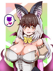 Rule 34 | 1girl, animal costume, animal ear fluff, animal ears, bat wings, bow, bowtie, breasts, brown eyes, brown hair, brown long-eared bat (kemono friends), elbow gloves, gloves, grey hair, kemono friends, kemono friends v project, large breasts, leotard, long hair, looking at viewer, masa ani, multicolored hair, open mouth, pantyhose, simple background, smile, solo, virtual youtuber, wings