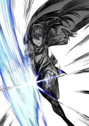 Rule 34 | 1girl, cape, fingerless gloves, fire emblem, fire emblem awakening, gloves, hair between eyes, highres, holding, holding sword, holding weapon, leg up, long hair, looking at viewer, lucina (fire emblem), monochrome, nintendo, open mouth, solo, sword, symbol in eye, teeth, tiara, weapon, yourfreakyneighbourh