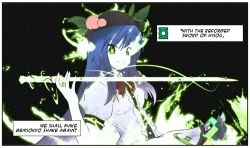 Rule 34 | 1girl, bad id, bad pixiv id, blue hair, bow, crossover, dc comics, dmt (auburn), english text, food, fruit, glowing, glowing eyes, green lantern, green lantern (series), hat, hinanawi tenshi, jewelry, long hair, peach, ring, solo, sword, sword of hisou, symbol-shaped pupils, touhou, weapon