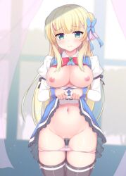Rule 34 | 1girl, 3:, absurdres, black thighhighs, blonde hair, blue bow, blue skirt, blunt bangs, blurry, blurry background, blush, bow, bowtie, breasts, breasts out, censored, chataring mai, cleavage, closed mouth, clothes lift, commentary request, cowboy shot, double bun, frilled skirt, frills, furrowed brow, gem, gluteal fold, green eyes, green gemstone, groin, hair bow, hair bun, hair ornament, high-waist skirt, highres, indoors, juliet sleeves, kin-iro loveriche, large breasts, lifted by self, long hair, long sleeves, looking at viewer, mosaic censoring, navel, nipples, no bra, panties, panty pull, pink panties, presenting, puffy sleeves, pussy juice, pussy juice stain, pussy juice trail, red bow, red bowtie, school uniform, shiny skin, shirt, shy, sidelocks, skindentation, skirt, skirt lift, solo, standing, straight hair, sylvia le cruzcrown sortilege sisua, thighhighs, thighs, underwear, very long hair, white shirt, x hair ornament