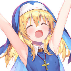 Rule 34 | 1girl, ^ ^, armpits, arms up, bare arms, blonde hair, blue veil, bucchake (asami), closed eyes, cross, cross necklace, jewelry, long hair, necklace, ootomo sourin (sengoku otome), open mouth, sengoku otome, solo, upper body, wing collar