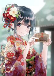 Rule 34 | 1girl, absurdres, anno masato, black hair, blurry, blurry background, blush, chinese zodiac, closed mouth, commentary, ema, floral print, flower, hair flower, hair ornament, highres, japanese clothes, kikkoumon, kimono, looking at viewer, multicolored clothes, multicolored kimono, obi, original, purple eyes, red kimono, sash, short hair, shrine, smile, solo, upper body, wide sleeves, year of the ox