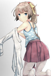 Rule 34 | 1girl, bad id, bad pixiv id, blue camisole, brown hair, camisole, cloud print, commentary request, cowboy shot, dress shirt, from behind, gradient background, grey background, grey eyes, grey pantyhose, hair ribbon, highres, kantai collection, kazagumo (kancolle), kneeling, long hair, long sleeves, looking at viewer, looking back, ludens (inonaka koubou), pantyhose, ponytail, purple skirt, ribbon, shirt, skirt, solo, undressing, white background, white shirt