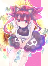 Rule 34 | 1girl, alternate breast size, animal ears, apron, black dress, bow, breasts, cat ears, commentary request, dress, fake animal ears, floral background, frilled apron, frills, hair bow, hair ribbon, highres, kemurikusa, leaning forward, looking at viewer, medium breasts, outline, own hands together, pink bow, pink eyes, red hair, ribbon, rina (kemurikusa), sleeveless, sleeveless dress, solo, usapenpen2019, white apron, white outline