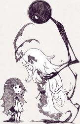 Rule 34 | 2girls, character request, deemo, deemo (character), frills, girl (deemo), height difference, holding, lestored cro, long hair, looking at another, monochrome, multiple girls, o o, stuffed animal, stuffed toy, white hair, witch&#039;s invitation (deemo)