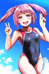 Rule 34 | 1girl, absurdres, breasts, cloud, competition swimsuit, covered navel, double v, hair ornament, highres, kantai collection, looking at viewer, one-piece swimsuit, open mouth, pink eyes, pink hair, sazanami (kancolle), sky, small breasts, smile, solo, sweat, sweatdrop, swimsuit, twintails, two-tone one-piece swimsuit, upper body, v, yellow quokka