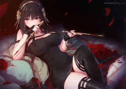 Rule 34 | 1girl, bare shoulders, black dress, black gloves, black hair, blush, breasts, cleavage, dress, earrings, gloves, gold hairband, hair ornament, hairband, holding, holding weapon, jewelry, large breasts, long hair, looking at viewer, mitsu (mitsu art), panties, red eyes, red panties, sidelocks, solo, spy x family, two-sided dress, two-sided fabric, underwear, weapon, yor briar