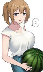 Rule 34 | 1girl, :d, blue eyes, breasts, brown hair, cleavage, collarbone, commentary request, denim, food, fruit, half-closed eyes, hashi, holding, holding food, jeans, large breasts, looking at viewer, open mouth, original, pants, ponytail, shirt, short sleeves, sideways glance, simple background, smile, solo, speech bubble, standing, translation request, upper body, watermelon, white background