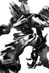 Rule 34 | absurdres, armored core, armored core: for answer, battle damage, blue eyes, damaged, glowing, glowing eyes, gun, highres, kurotokusa, machinery, mecha, mecha focus, mechanical parts, no humans, robot, science fiction, simple background, weapon, white background, white glint