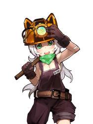 Rule 34 | 1girl, :d, absurdres, animal ears, animal hat, bebe1999, black gloves, blush, breasts, cat ears, cat girl, cleavage, female focus, gloves, green eyes, hand on headwear, hard hat, hat, helmet, highres, large breasts, long hair, naked overalls, open mouth, original, overalls, silver hair, simple background, smile, solo, white background, wrench