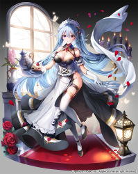 Rule 34 | 1girl, ahoge, apple caramel, apron, bad id, bad pixiv id, bare shoulders, blue eyes, blue hair, breasts, cake, candle, check copyright, cleavage, commentary request, copyright request, dress, fire, flower, food, frown, fruit, gem, gloves, green dress, green footwear, hair between eyes, highres, holding, holding knife, holding plate, knife, large breasts, leaf, looking at viewer, maid, maid apron, maid headdress, official art, pink flower, plate, project ro, red flower, red rose, rose, shoes, solo, strawberry, thigh strap, thighhighs, white gloves, white thighhighs, window