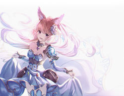 Rule 34 | 1girl, animal ears, armor, bad id, bad pixiv id, breasts, bridal gauntlets, clothes lift, collar, cosplay, dress, dress lift, erune, flower, gem, glorybringer (granblue fantasy), granblue fantasy, hair flower, hair ornament, highres, light brown hair, long hair, looking at viewer, medium breasts, mohurine cute, ponytail, purple eyes, shoulder armor, skindentation, smile, solo, strapless, strapless dress, the glory (cosplay), thighhighs, very long hair, yuisis (granblue fantasy)