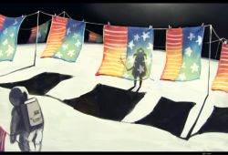 Rule 34 | 1girl, american flag, astronaut, clothes pin, clothesline, clownpiece, fairy, fairy wings, hat, jester cap, koto inari, long hair, moon, pantyhose, silhouette, star (symbol), star print, torch, touhou, very long hair, wings