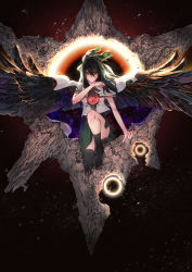 Rule 34 | 1girl, arm support, asymmetrical clothes, backlighting, bird wings, black thighhighs, black wings, bow, cape, energy, expressionless, full body, glowing, green skirt, hair bow, highres, knee up, long hair, looking at viewer, red eyes, reiuji utsuho, shirt, short sleeves, single sock, single thighhigh, sitting, skirt, slit pupils, socks, solo, thighhighs, third eye, touhou, white shirt, wind, wings, yellow eyes, yun (evite)