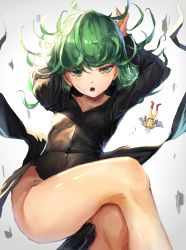 Rule 34 | 1boy, 1girl, absurdres, arms behind head, arms up, bald, bare legs, black dress, curly hair, dress, green eyes, green hair, half-closed eyes, highres, legs, crossed legs, long sleeves, looking at viewer, manichi, one-punch man, open mouth, saitama (one-punch man), short hair, solo, tatsumaki, thighs, wind, wind lift