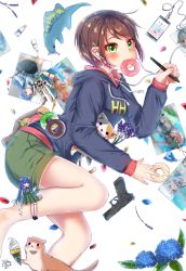 Rule 34 | 1girl, animal, bag, bag charm, barefoot, brown hair, cat, charm (object), digital media player, doll, doughnut, drawing (object), earbuds, earphones, eating, flower, food, foot out of frame, green eyes, green shorts, gun, hair ornament, hairclip, highres, hood, hoodie, hydrangea, ice cream, lilac, long sleeves, michiru donut, mouth hold, original, paint, paintbrush, petals, short hair, shorts, solo, stuffed dinosaur, stylus, weapon, white background