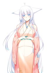 Rule 34 | 1girl, ?, animal ears, blue eyes, blush, breasts, closed mouth, commentary request, fox ears, haori, japanese clothes, kimono, konshin, large breasts, long hair, long sleeves, looking at viewer, original, pregnant, sash, short eyebrows, simple background, solo, standing, very long hair, white background, white hair, wide sleeves