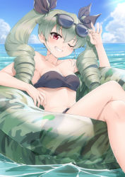 Rule 34 | 1girl, adjusting eyewear, anchovy (girls und panzer), arm up, bandeau, bare arms, bare shoulders, bikini, bikini skirt, black-framed eyewear, black ribbon, blue sky, blush, breasts, cleavage, cloud, collarbone, commentary request, crossed legs, day, drill hair, eyewear on head, feet out of frame, girls und panzer, green hair, grin, hair between eyes, hair ribbon, horizon, innertube, long hair, miri (ago550421), navel, ocean, one eye closed, outdoors, red eyes, ribbon, sky, small breasts, smile, solo, stomach, strapless, strapless bikini, sunglasses, swim ring, swimsuit, thighs, twin drills, twintails, water