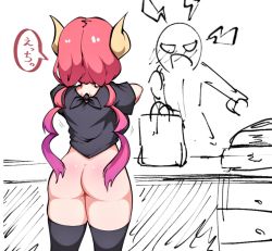 Rule 34 | 1girl, 1other, angry, ass, black shirt, black thighhighs, bottomless, clothes lift, dragon girl, dragon horns, exhibitionism, flashing, from behind, horns, ilulu (maidragon), indoors, kakihou, kobayashi-san chi no maidragon, lifting own clothes, long hair, low twintails, public indecency, red hair, shirt, shirt lift, sketch, spot color, thighhighs, thighs, twintails