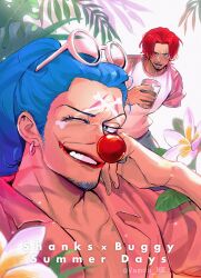Rule 34 | 2boys, absurdres, blue eyes, blue hair, bubble tea, buggy the clown, clown, clown nose, collarbone, cup, disposable cup, drinking straw, earrings, eyewear on head, facial hair, facial mark, hand on own face, highres, jewelry, long hair, looking at viewer, male focus, multiple boys, one eye closed, one piece, pink shirt, red hair, red nose, shanks (one piece), shirt, short hair, signature, smile, summer, sunglasses, upper body, vamos mk, white shirt