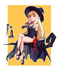 Rule 34 | 1girl, bare shoulders, black dress, black footwear, black hat, blonde hair, candy, crossed legs, dress, flower, food, hat, lollipop, long hair, original, outline, pixel art, pointy ears, red eyes, red flower, red rose, rinotuna, rose, sandals, solo, staff, tongue, tongue out, white outline, witch hat