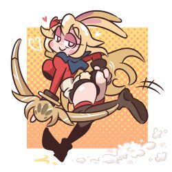 Rule 34 | 1girl, animal ears, ass, ass focus, black shorts, blonde hair, blush stickers, boots, bouncing breasts, bow (weapon), breasts, brown dust 2, brown gloves, chibi, cho theg, dress, from behind, full body, gloves, hair between eyes, heart, heart-shaped pupils, highres, holding, holding bow (weapon), holding weapon, large breasts, liatris (brown dust), long hair, looking at viewer, looking back, motion lines, partially fingerless gloves, rabbit ears, rabbit girl, red dress, red thighhighs, running, seductive smile, short shorts, shorts, sideboob, simple background, smile, smoke trail, solo, symbol-shaped pupils, thigh boots, thighhighs, two-tone dress, very long hair, weapon, white dress