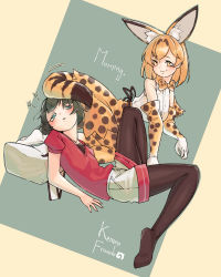 Rule 34 | 2girls, absolutemabbak, animal ear fluff, animal ears, backpack, bag, bare shoulders, black hair, black legwear, blonde hair, blush, bow, bowtie, commentary, copyright name, elbow gloves, english commentary, extra ears, full body, gloves, green eyes, highres, japari symbol, kaban (kemono friends), kemono friends, knee up, looking at another, lying, medium hair, multiple girls, no shoes, on back, pantyhose, pantyhose under shorts, parted lips, print gloves, print legwear, print neckwear, print skirt, red shirt, serval (kemono friends), serval print, serval tail, shirt, short hair, short sleeves, shorts, simple background, skirt, sleepy, sleeveless, sleeveless shirt, tail, unworn backpack, unworn bag, waking up, white shirt, white shorts, yellow eyes, yuri