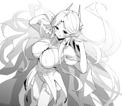 Rule 34 | 1girl, azur lane, azur lane: slow ahead, bare shoulders, breasts, brest (azur lane), greyscale, hands up, hori (hori no su), large breasts, monochrome, navel, official art, open clothes, pointy ears, ribbon, smile