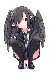 Rule 34 | 1girl, alternate costume, bad id, bad pixiv id, bird wings, black hair, black thighhighs, black wings, blazer, head tilt, jacket, loafers, long sleeves, looking at viewer, pointy ears, pout, red eyes, shameimaru aya, shirt, shoes, simple background, skirt, solo, squatting, thighhighs, touhou, toujou (toujou ramen), v arms, wings, zettai ryouiki