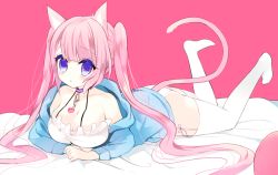 Rule 34 | 1girl, amesawa mokke, animal ears, bed sheet, blue hoodie, blush, breasts, cat ears, cat girl, cat tail, chain, cleavage, collar, collarbone, frills, garter straps, heart, hood, hood down, hoodie, large breasts, long hair, looking at viewer, lying, no shoes, off shoulder, on stomach, original, panties, pink background, pink hair, purple collar, purple eyes, sidelocks, solo, tail, thighhighs, twintails, underwear, very long hair, white panties, white thighhighs