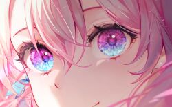 Rule 34 | 1girl, 58 (opal 00 58), absurdres, blue eyes, blue ribbon, close-up, closed mouth, commentary, crossed bangs, dated commentary, eye focus, eyelashes, hair between eyes, hair ribbon, highres, looking at viewer, multicolored eyes, original, pink eyes, pink hair, ribbon, short hair, smile, solo