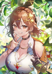 Rule 34 | 1girl, absurdres, atelier (series), atelier ryza, atelier ryza 3, braid, breasts, brown eyes, brown hair, cleavage, guest art, hair ornament, hairclip, hat, highres, jewelry, large breasts, looking at another, looking at viewer, necklace, official art, okuma mai, reisalin stout, shirt, short hair, smile, solo