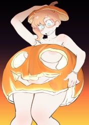 Rule 34 | 1girl, absurdres, areola slip, blue eyes, blush, breasts, colo (nagrolaz), completely nude, female pubic hair, freckles, glasses, highres, jack-o&#039;-lantern, large breasts, naked pumpkin, nude, orange hair, pubic hair, pumpkin costume, pumpkin hat, red-framed eyewear, red hair, rita (sweethex), short hair, solo, sweethex, teeth, wide hips