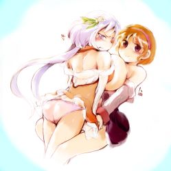 Rule 34 | &gt;:(, 2girls, :&gt;, ass, asymmetrical docking, blush, breast envy, breast press, breasts, breasts out, brown hair, dress, embarrassed, flower, frown, hair ornament, hairband, highres, huge breasts, long hair, microdress, miniskirt, multiple girls, off shoulder, panties, pantyshot, partially undressed, pink panties, purple eyes, purple hair, sayakata katsumi, see-through, short hair, siblings, simple background, sisters, skirt, small breasts, smile, sweatdrop, symmetrical docking, tears, text focus, touhou, translation request, tsukumo benben, tsukumo yatsuhashi, tsundere, underwear, v-shaped eyebrows, yuri