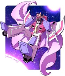 Rule 34 | 1boy, airplane wing, aoi rena, arm cannon, artist name, cape, crown, decepticon, floating, highres, licking lips, looking at viewer, mecha, no humans, red eyes, robot, solo, space, starscream, sun, thrusters, tongue, tongue out, transformers, weapon