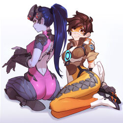 Rule 34 | 2girls, ass, backless outfit, bodysuit, breasts, brown eyes, brown hair, colored skin, dnaitari, earrings, from behind, full body, high heels, highres, jewelry, looking at viewer, medium breasts, multiple girls, overwatch, purple skin, smile, tracer (overwatch), white background, widowmaker (overwatch)