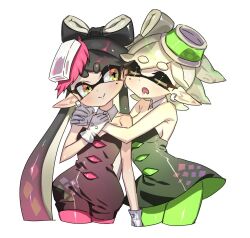Rule 34 | + +, 2girls, :&gt;, black dress, black hair, blush, breasts, callie (splatoon), closed eyes, closed mouth, cousins, cropped legs, detached collar, dress, earrings, fang, female focus, gloves, gradient hair, green pantyhose, head tilt, inkling, jewelry, jumpsuit, long hair, marie (splatoon), mole, mole under eye, multicolored hair, multiple girls, nintendo, nitronic, open mouth, pantyhose, pink hair, pink pantyhose, pointy ears, shiny clothes, short hair, skin fang, small breasts, splatoon (series), splatoon 1, standing, strapless, strapless dress, tentacle hair, thick eyebrows, twintails, two-tone hair, very long hair, white gloves, white hair, yellow eyes