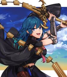 Rule 34 | 1girl, black pantyhose, blue eyes, blue hair, boots, breasts, byleth (female) (fire emblem), byleth (fire emblem), cleavage cutout, clothing cutout, cloud, detached collar, fire emblem, fire emblem: three houses, hair between eyes, high heel boots, high heels, highres, jacket, jacket on shoulders, kamu (kamuuei), large breasts, long hair, navel, nintendo, open mouth, pantyhose, pantyhose under shorts, short shorts, shorts, sky, smile, sword of the creator, vambraces, weapon, whip sword