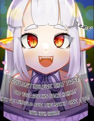 Rule 34 | 1girl, :d, bare shoulders, english text, fangs, heart, jeffodraws, long hair, looking at viewer, monster girl, monster girl encyclopedia, open mouth, pointy ears, red eyes, shirohebi (monster girl encyclopedia), sidelocks, slit pupils, smile, solo, white hair