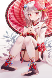 Rule 34 | 1girl, absurdres, bell, black skirt, black thighhighs, blue flower, blush, chinese commentary, closed mouth, commentary request, detached sleeves, eyes visible through hair, feet, flower, full body, hair flower, hair ornament, highres, holding, ichizon, jacket, japanese clothes, jingle bell, kimono, knees together feet apart, korean commentary, long sleeves, looking at viewer, medium hair, mixed-language commentary, oil-paper umbrella, open clothes, open jacket, original, own hands clasped, own hands together, plant, pleated skirt, red eyes, red flower, short hair, sidelocks, silver hair, simple background, sitting, skirt, sleeveless, sleeveless jacket, smile, solo, stirrup legwear, thighhighs, toeless legwear, toes, umbrella, white background, white jacket, white kimono, white thighhighs, wide sleeves