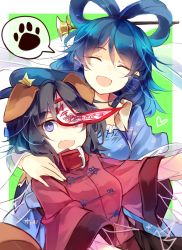 Rule 34 | 2girls, :d, :o, ^ ^, animal ears, blue dress, blue hair, blue headwear, border, breasts, bright pupils, cabbie hat, closed eyes, dog ears, dress, fang, floral print, green background, hagoromo, hair ornament, hair rings, hair stick, hand on another&#039;s shoulder, hat, hat ornament, heart, jiangshi, kaku seiga, kutsuki kai, looking at viewer, medium breasts, medium hair, miyako yoshika, multiple girls, ofuda, open clothes, open mouth, open vest, outside border, outstretched arms, parted bangs, puffy short sleeves, puffy sleeves, purple eyes, purple hair, red shirt, ringlets, shawl, shirt, short hair, short sleeves, simple background, skin fang, smile, spoken paw, star (symbol), star hat ornament, talisman, touhou, upper body, vest, white border, white vest, zombie pose, |d