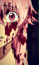 Rule 34 | artist request, black background, blood, blood on face, close-up, frown, gasai yuno, head only, long hair, looking at viewer, mirai nikki, open mouth, parted lips, pink eyes, pink hair, scared, simple background, solo, source request, teeth