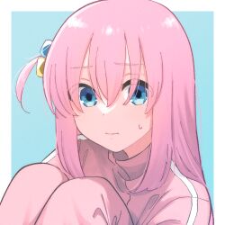 Rule 34 | 1girl, blue eyes, bocchi the rock!, closed mouth, cube hair ornament, gotoh hitori, hair ornament, highres, hugging own legs, jacket, looking at viewer, mogggggge, one side up, pants, pink jacket, pink pants, solo, track jacket, track suit