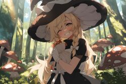 Rule 34 | 1girl, absurdres, blonde hair, blush, chinese commentary, commentary request, day, forest, grin, hair ribbon, hat, highres, kirisame marisa, light particles, mushroom, nature, one eye closed, outdoors, ribbon, smile, solo, swept bangs, teeth, touhou, tree, tress ribbon, uroam, witch hat, yellow eyes
