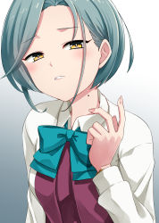 Rule 34 | 1girl, aqua bow, aqua bowtie, bow, bowtie, collared shirt, dress, fingernails, gradient background, grey hair, highres, kamelie, kantai collection, long sleeves, mole, mole on neck, open mouth, purple dress, shirt, short hair, sleeveless, sleeveless dress, solo, tamanami (kancolle), upper body, white shirt, yellow eyes