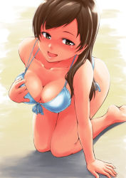 Rule 34 | 1girl, bikini, blue bikini, breasts, brown eyes, brown hair, cleavage, commentary, hand on own chest, highres, idolmaster, idolmaster cinderella girls, large breasts, long hair, looking at viewer, nitta minami, open mouth, smile, solo, swimsuit, takayama chihiro, white background