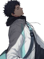 Rule 34 | 1boy, absurdres, black eyes, black hair, black hoodie, carrying bag, character request, expressionless, haikyuu!!, highres, hood, hood down, hoodie, jacket, kwonrugger, male focus, matsukawa issei, multicolored clothes, multicolored jacket, open clothes, open jacket, parted lips, simple background, solo, teeth, two-tone jacket, upper body, white background